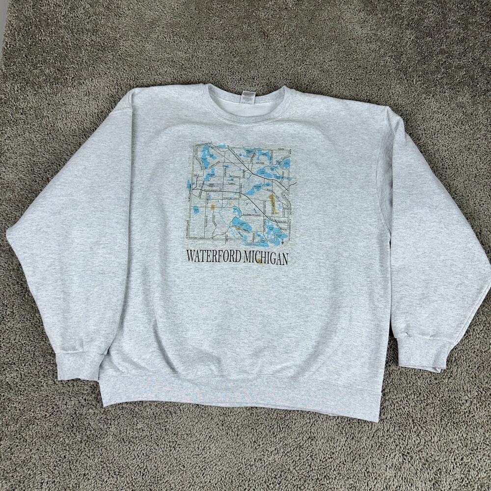 Michigan Sweatshirt Mens Extra 2XL Gray Blue Waterford Map Crewneck Pullover